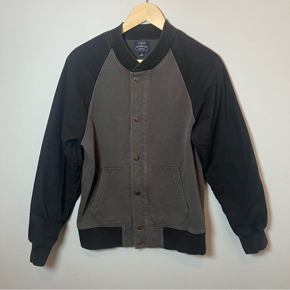 J. Crew Men’s size Small Black Gray Authentic Fleece Snap Button Varsity Jacket - Picture 1 of 5